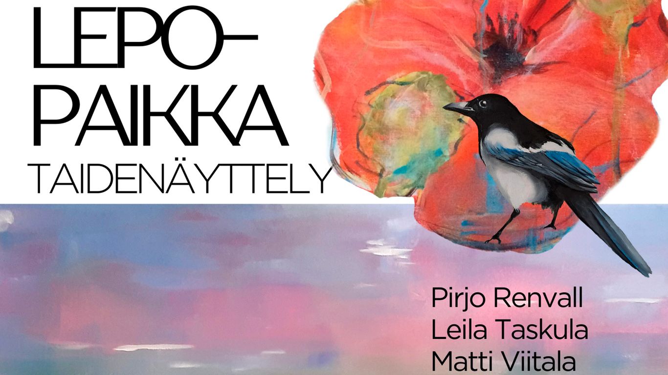 Harakka ja pionin kukka sekä teksti Lepopaikka tai
