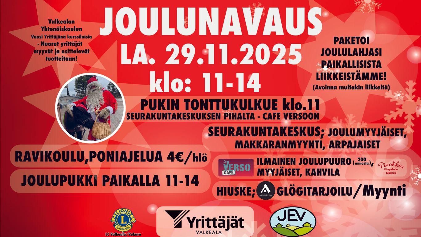 Valkealan kirkonkylän joulunavaus 29.11.2025 klo: 11-14