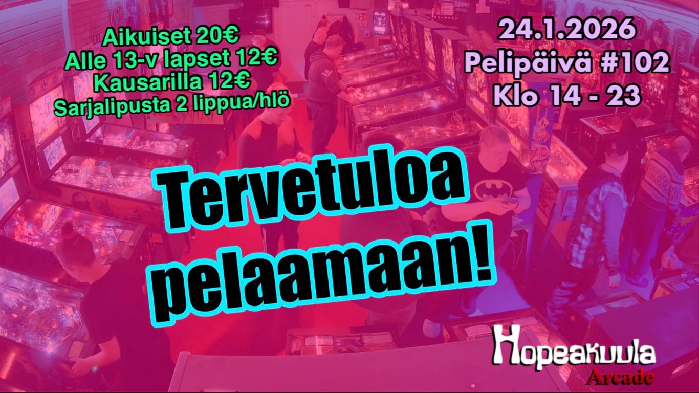 Yleiskuva pelihallilta, joka kuultaa vaaleanpunais