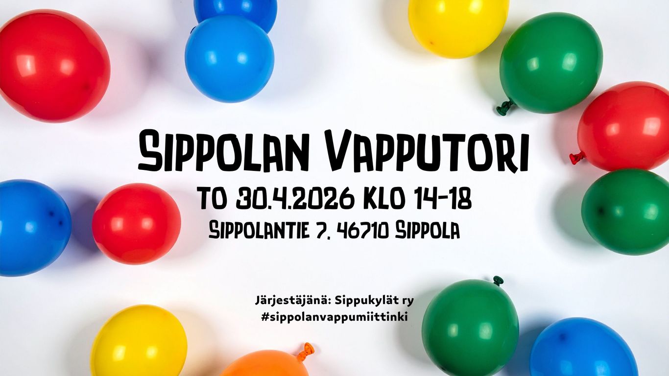 Kuvassa ilmapalloja ja tapahtuman aikatauluteksti