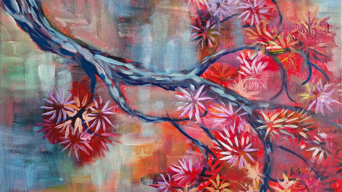 Punasävyinen maalaus männyn oksasta