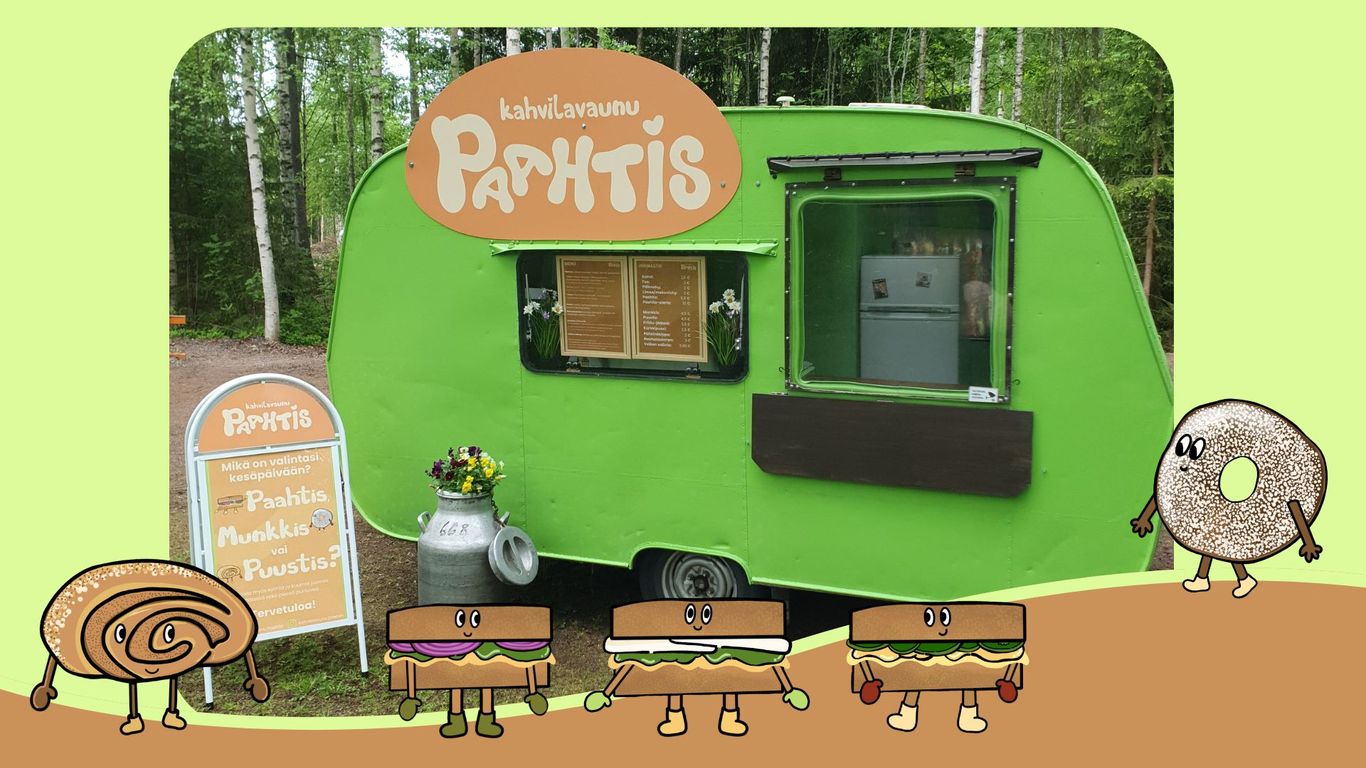Kuvassa vihreä Kahvilavaunu Paahtis, Paahtis-kyltt