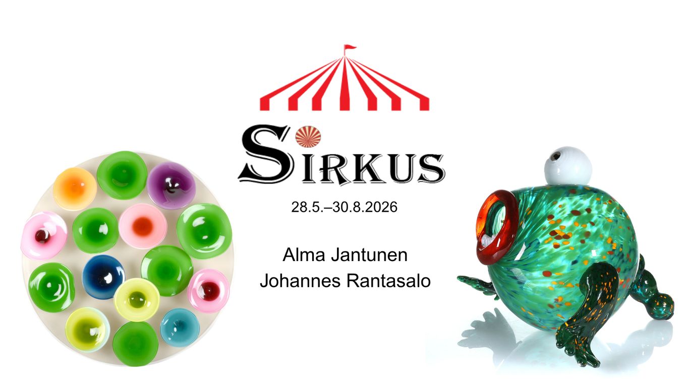 Värikkäitä lasiteoksia ja teksti sirkus