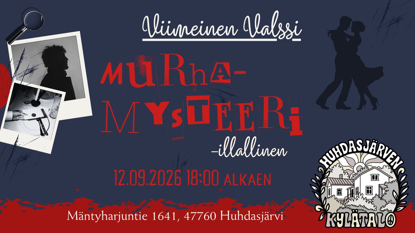 Mystinen mainoskuva murhamysteeri-illallisesta, jo